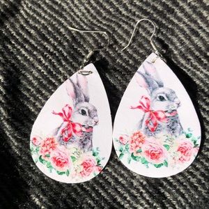 Grey bunny with flowers faux leather teardrop earrings